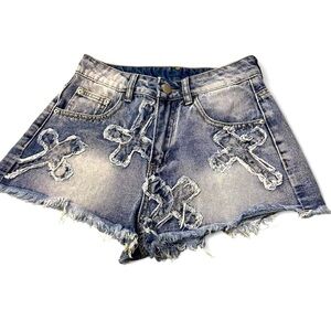 Blue Jean Shorts with Distressed Hem and Embroidery